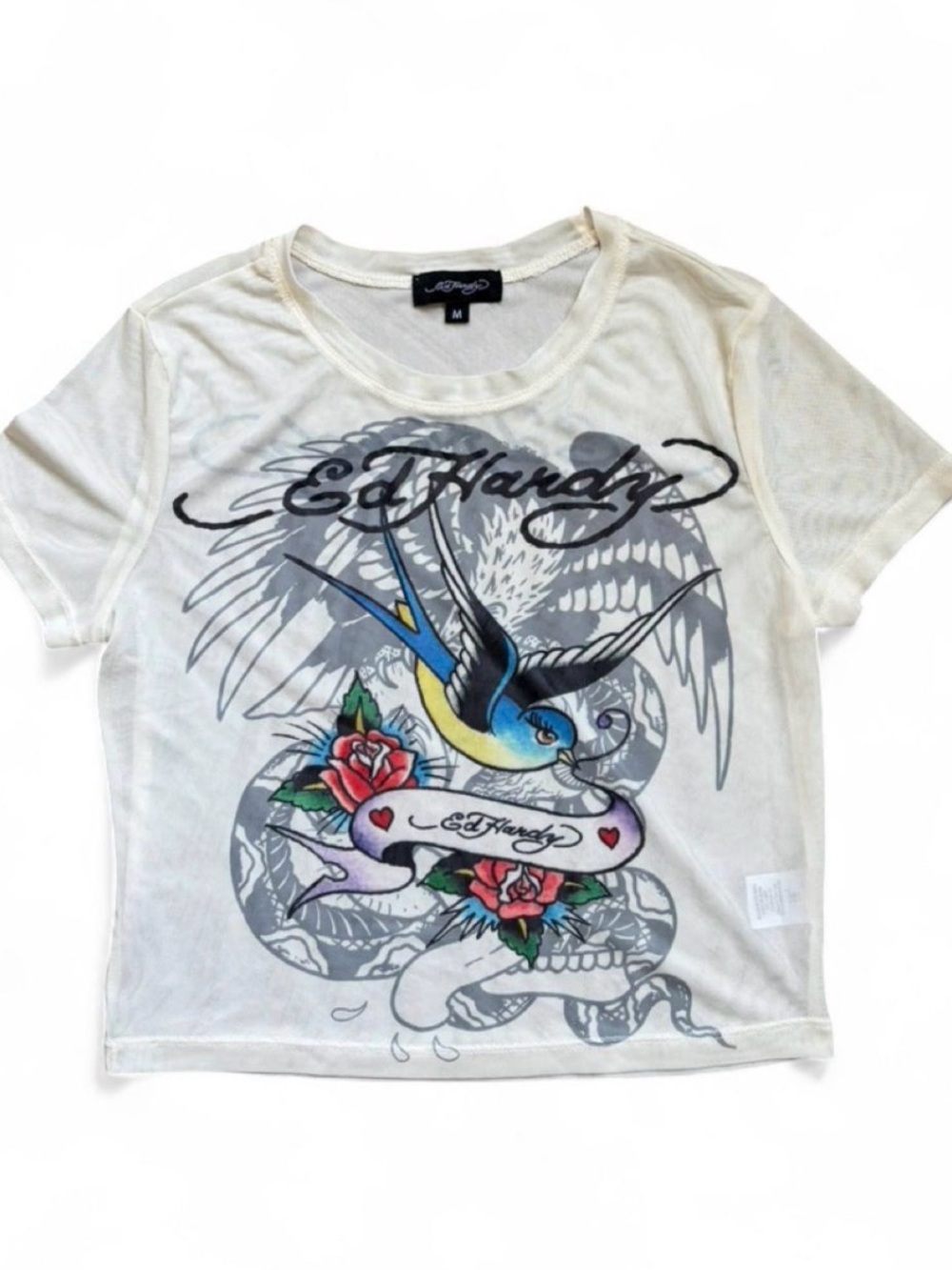 Ed Hardy Cream Mesh Tee with Gray Tattoo Graphic